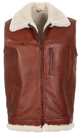 Hollert German Leather Fashion Lammfellweste - FIRMINIUS mit Kragen Herren Weste aus hochwertigem Merino Lammfell und Echtleder Größe S, Farbe Cognac