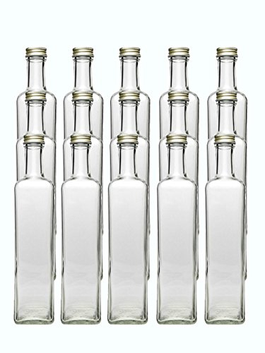 hocz 24x leere Glasflaschen 500ml Schraubverschluss Gold Eckig - kleine Flaschen zum Befüllen mit Deckel - für Saft, Getränke, Likör, Öl, Saucen - 24 Stück, Maraska