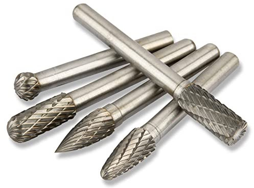 Hakkin Tungsten Carbide Steel Double Cut Rotary Burrs Set 5Pcs 1/4” Shank 8mm Head Fits Rotary Tools Carbide Rotary Burr for Die Grinder Drill, Metal Polishing, Engraving