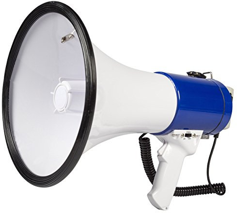 Invero® Professional 25W Super Loud Megaphone with Detachable Handheld Microphone, Built-In Siren, Adjustable Volume and Shoulder Strap - 1000 Meter Range - White/Blue