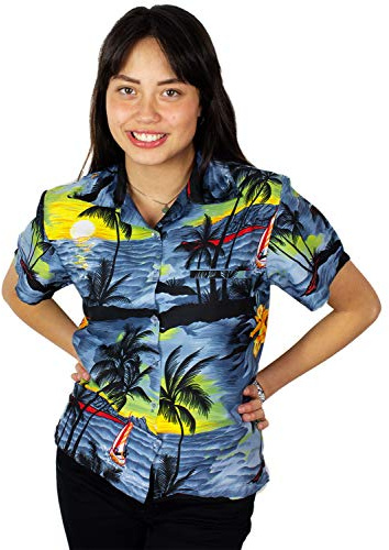 King Kameha Funky-Hawaii-Bluse-Hemd, Damen, Kurzarm, Surf, Grau, 5XL