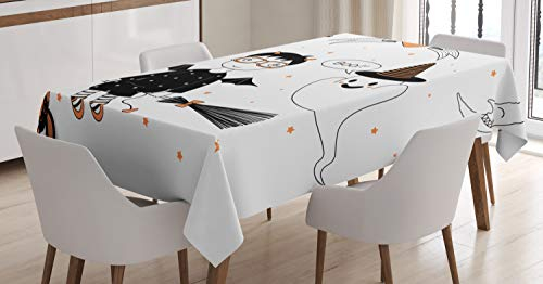 ABAKUHAUS Geist Tischdecke, Hexe, die auf einen Besenstiel fliegt, Für den Inn und Outdoor Bereich geeignet Waschbar Druck Klar Kein Verblassen, 140 x 170 cm, Orange Weiß und Schwarz