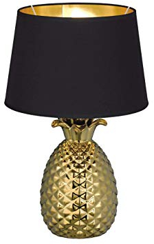 Große Tischleuchte 43cm Ananas Keramiksockel Gold, Stoffschirm Schwarz