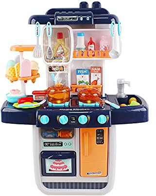 deAO Set da cucina Mon Petit Chef con 34 accessori, piano cottura a induzione, acqua, luce e suono (blu)