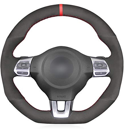 MEWANT Individuelle Hand Nähen Schwarz Wildleder Auto Lenkradhülle Lenkradbezug für Golf 6 GTI MK6 Polo GTI Scirocco R CC R-Line 2010