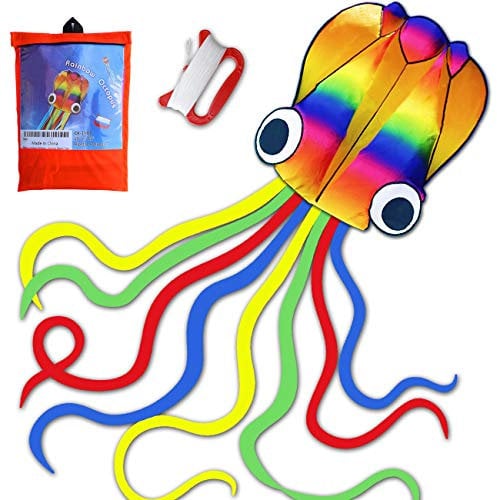 Huge Rainbow Soft Octopus Kite for Kids and Audlts- Large Kite with Long Tail and 200ft line-Easy to Fly kites for chlidren under 10