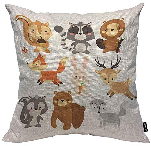 HOSNYE Kissenbezug mit Waldtiermotiv, niedliches Eichhörnchen, Waschbär, Biber, Fuchs, Kaninchen, Rentier, Stinkbär, Wolf, Cartoon-Kissenbezug, dekorative Taille, Heimdekoration, 40,6 x 40,6 cm