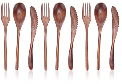 Set Cuchara Tenedor y Cuchillo de Madera, Utensilios de Madera para Comer Cubertería Reutilizable Set de Cubiertos Tenedores Cucharas de Sopa y Cuchillo para la cena