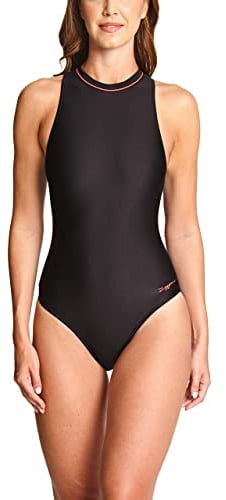 Zoggs Women's Cable Zipped High Neck One Piece Swimsuit, Black/Coral/Eco Fabric, 38-inch Size 14 UK
