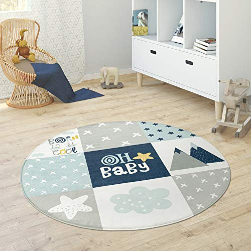Paco Home Kinderteppich Teppich Rund Kinderzimmer Spielmatte Babymatte rutschfest Stern Mond Elefant Regenbogen, Grösse:Ø 120 cm Rund, Farbe:Blau