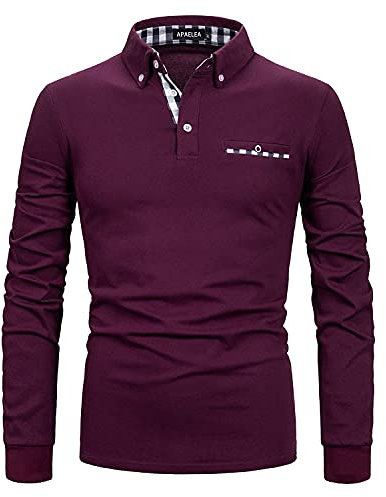 APAELEA Polo de Golf à Manches Longues Homme Coton Contrasté Plaid épissure Lattice Tennis Shirt,Rose,XXL