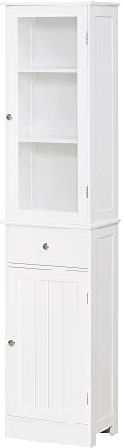 kleankin Bathroom Storage Cabinet with 3-tier Shelf Drawer Door, Floor Cabinet Free Standing Tall Slim Side Organizer Shelves, White