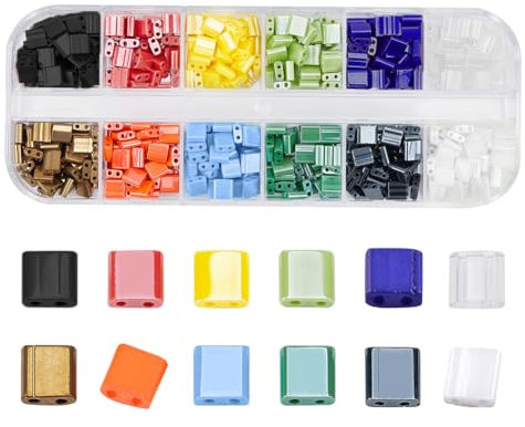 nbeads 480 Pcs 12 Couleurs Tila Perles de Rocaille 2 Trous, Perles en Verre Opaque 2 Trou Rectangle Perles de Poney de Verre pour Bricolage Artisanat Bracelet Collier Fabrication de Bijoux