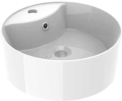 ERCOS Lavabo D'Appoggio In Ceramica Tondo , Lavabo Bagno Colore Bianco Lucido Con Troppopieno Integrato, Dimensioni Diametro 406 MM