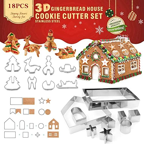 18 Piezas, Molde de Galletas Navideñas, 3D Casa Galleta De Jengibre, Juego de Cortadores de Galletas de Navidad para Hornear, Acero Inoxidable Galletas Cortador, para Accesorio de Cocina(Navideñas-1)