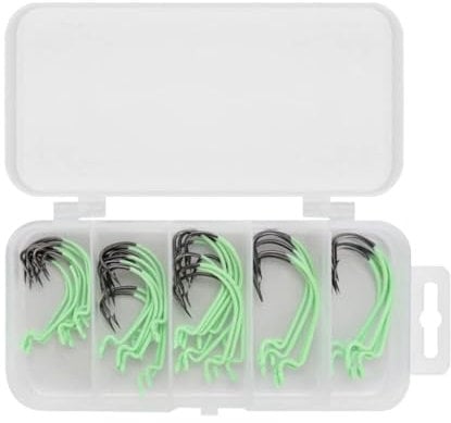 Conskyee Fishing Offset Worm Hooks Set for Bass Saltwater Freshwater, Luminous Texas Rig Hooks Size: 2# 1# 1/0# 2/0# 3/0#