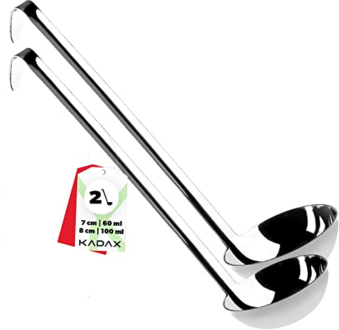 KADAX Suppenkelle aus hochwertigem Edelstahl, Schöpflöffel mit Halter, Soßenlöffel mit langem und ergonomischem Stiel, Schöpfkelle, Gießlöffel, Küchenhelfer, silber (Set: 60 +100ml)