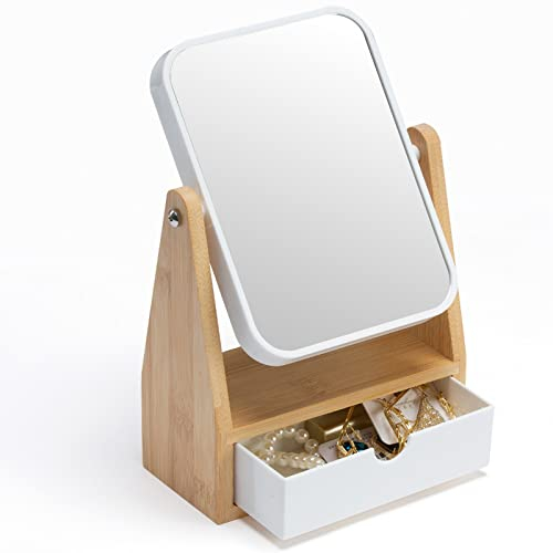 YEAKE Vanity Makeup Mirror With Storage, 1X/3X Double Sided Magnifying With Adjustable Natural Bamboo Stand, Portable Small Table Desk Countertop, Bathroom Shaving (Rectangular)