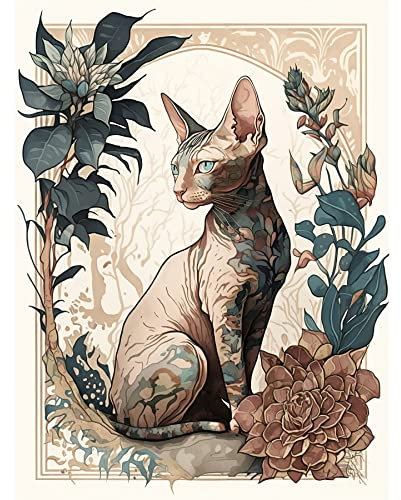 Artery8 Sphynx Cat with Flower Blooms Modern Art Nouveau Portrait Illustration Art Print Canvas Premium Wall Decor Poster Mural