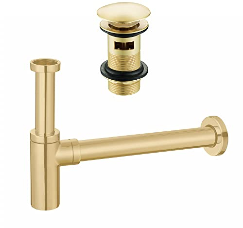 Brushed Brass Full Cover Slotted Basin Waste & Minimalist Bottle Trap