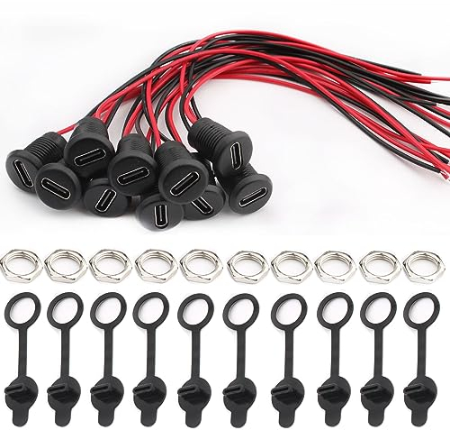 RUNCCI-YUN 10Pcs wasserdichte USB-C buchse 2-Draht einbau Typ-C-Buchse,USB-C-Buchse für Panelmontage-mit Muttern-Sicherungsplatte Staubkappe