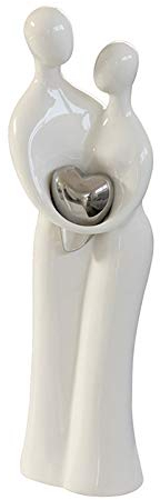 Casablanca Design Skulptur Paar mit Herz weiß Silber 38 cm Keramik Wohnzimmer Skulpturen Deko Modern