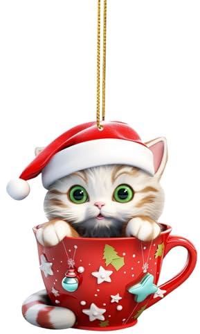 Niedlicher Tassen-Katzen-Anhänger, Weihnachtsbaum-Anhänger, Auto-Anhänger, Taschen-Anhänger, Acryl, Flacher Weihnachtsbaum-Anhänger Hängepflanzen Zimmer