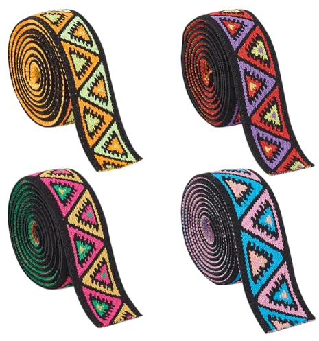 BENECREAT 7.3m 4 Farbiges Ethno-Stil Flaches Elastisches Jacquardband, 25mm Boho Dreieckiges Elastisches Jacquard-Kordel Elastisches Gewebtes Jacquard-Band Für Verzierungen Dekorationen