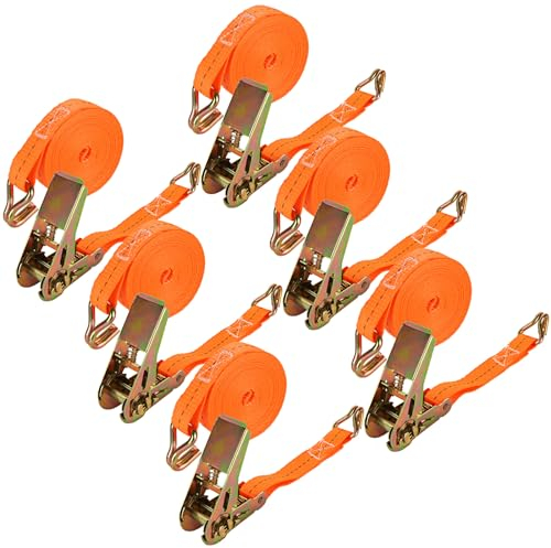 VIDETOL 6 Pièces Sangle a Cliquet, Longueur 5 m,Largueur 25 mm Sangle Arrimage, Orange Sangles D'arrimage avec Crochets pour Arrimage de Chargement, Camping, Manutention de Bagages