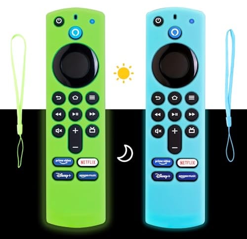 Firestick-Fernbedienungshülle BHHB Fernbedienungsabdeckung Silikon Kompatibel mit Fire Stick TV Alexa Sprach-Fernbedienung (3rd Gen) 2021 Nachtglühen mit Umhängeband - 2 Pack (Blau&Grün)