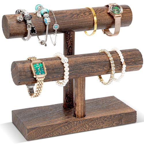 ProCase 2 Etagen T-Form Armbandhalter aus Holz, Abnehmbare Armband Halterung Schmuckhalter Armbänder Display, Vintage Armbandständer Uhrenständer Aufbewahrung für Armreifen Haarklammern Uhren -Braun