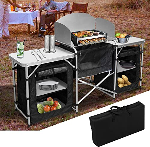 Ikodm Campingküche, Campingschrank mit Aluminiumgestell, Klappbarer Camping Küche mit hitzebeständiger Arbeitsplatte und praktischem Spritzschutz, Inklusive Tragetasche