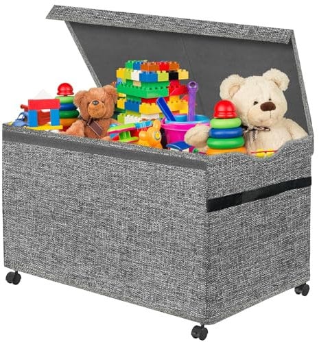 Scatola portaoggetti con ruote a 360° per bambini, scatola giocattolo con coperchio, 83 l, pieghevole, con manici, grande per la cameretta dei bambini, camera da letto (grigio)
