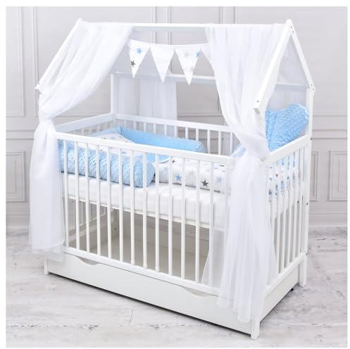 Generisch Baby Delux Babybett Komplett Set Hausbett 60x120 cm weiß Schublade Rausfallschutz Kinderbett Matratze Bettwäsche Deko Set (Magic blau)