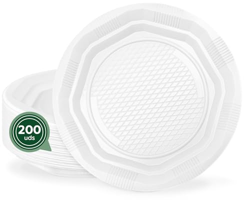 MAXI PRODUCTS - 200 Platos Plástico Reutilizables - Platos Vajilla - Ø14 cm - Platos Reciclables - Plato Redondo - Alta Resistencia - Picnic - Celebraciones - APTO COMIDAS CALIENTES Y FRÍAS