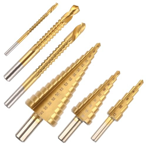 MXTIMWAN Fresa Conica Trapano a Gradini,6 Pezzi,Punte Coniche HSS Trapano in Titanio,Punte a Gradino con Gambo Esagonale,Punte a Gradini 4-32mm、4-20mm、4-12mm per Legno, Metallo, Plastica, Alluminio