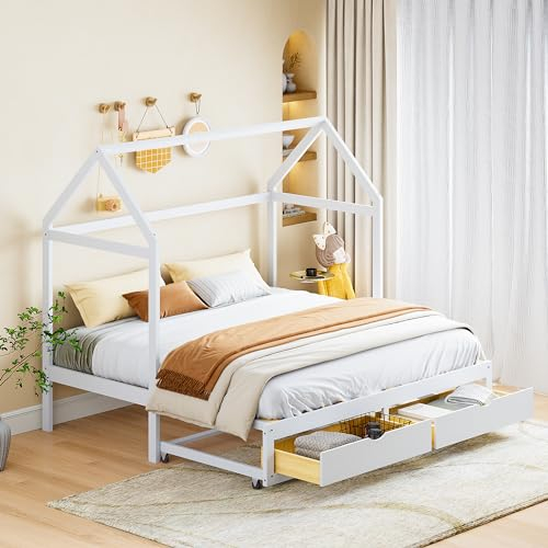 TOTITOM Ausziehbares Kinderbett, Schlafsofa 90/180 x 190 cm mit Schubladen und Lattenrost, Bett aus Kiefernholz mit Stauraum, weiß