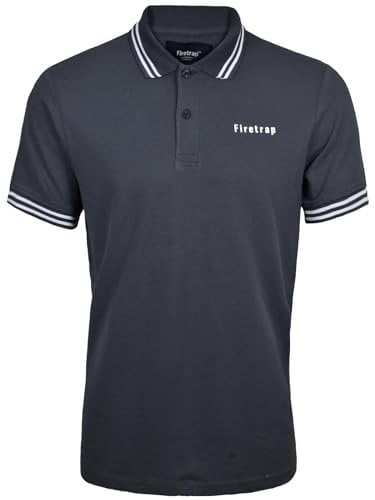 Firetrap Mens Polo Shirt Cotton Polos Tshirt Short Sleeve Summer Ribbed Tipping Collar Tshirts Top Charcoal M