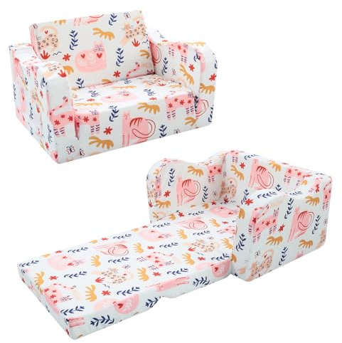 MeMoreCool Klappbare Kindercouch, Faltbarer Stuhl Bequem für Kleinkinder 1-3 Jahre, Kinder-Couch Ausziehbares Sofa 2-in-1 Schlafsofa für Spielzimmer, Kinder-Loungesessel für Jungen & Mädchen, Katze