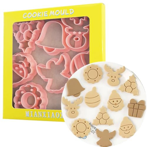 PTaizjjz Mini cortadores de galletas de Navidad, 8 cortadores de galletas de plástico, árbol, copo de nieve, Papá Noel, reno, caja de regalo, ángel, campana, linterna