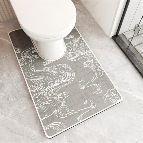 Highdi Toilet Mat U Shape, Diatomite Bath Mat U Shape Absorbent Quick Dry Non Slip U Shaped Toilet Floor Mat Toilet Rug WC Toilet Mat Washable Easy to Clean for Bedroom (Ocean Waves,55x90cm)