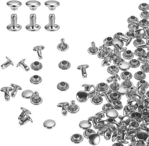 QUARKZMAN 100er Set Leder Nieten 6x6mm Runde Doppelkappe Tubular Metall Hohlnieten Spitznieten Zubehör Schraubnieten Rücknieten für Lochzange Gürtel Dekoration Kleidung Handwerk (Silber)