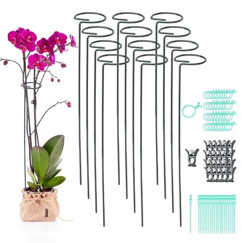 COEWUR 12 Pack Plant Support Stakes, 40cm Garden Single Stem Metal Plant Support Stake Rings with 40PCS Plants Clips and 20 Ties for Flowers Tomatoes Lily Peony Rose Sunflower Flower Stem