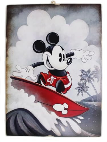 Disney Bild Mickey Mouse im Surf, Vintage-Stil, Cartoon, Druck auf Holz, 25 x 18 cm.