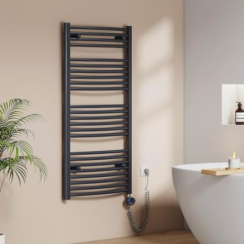 EMKE Badheizkörper Elektrisch 1200 x 600 mm, Gebogen Handtuchheizkörper Elektrisch mit Thermostat Elektrischer Handtuchwärmer Handtuchtrockner Anthrazit 600 Watt