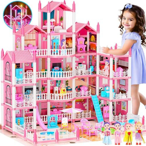 Big Dream Doll House for Girls with 5 Stories 19 Rooms, Dolls, Mat, LED Light, Furnitures, Puppie, Accessories, Toddler Dollhouse Gift for for 6 7 8 9 10 Year Old Girls Toys