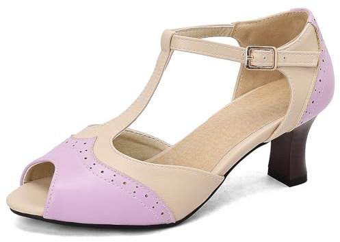 Diuniarza Damen Mitte Blockabsatz Mary Jane Court Sandals T-Bar Retro Elegant Dace Party Schuhe Violett Gr 38 EU/39