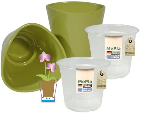 MePla - 2 Stück - Orchideenübertopf Dreieck ø 14 Grün Pflanztopf Orchidee ø 12, hochwertiges Wohnambiente