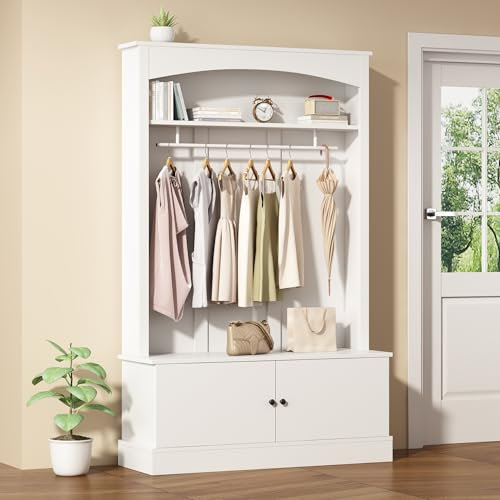 Merax Garderobe Set Flur, Stylishe Flurgarderobe Set mit Kleiderstange, Schuhbank, Obere Regale, Kompaktgarderobe freistehend, Eingangsschrank platzsparend, Garderobenständer für Eingangsbereich, Weiß