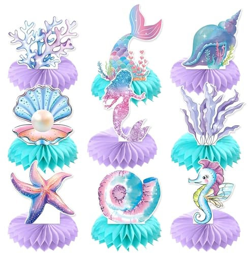 9PCS Mermaid Honeycomb Centerpieces Mermaid Birthday Party Decorations Ocean Theme Table Decorations for Mermaid Birthday Party Baby Shower Under the Sea Decor Perfect for Girls Kids Party Supplies